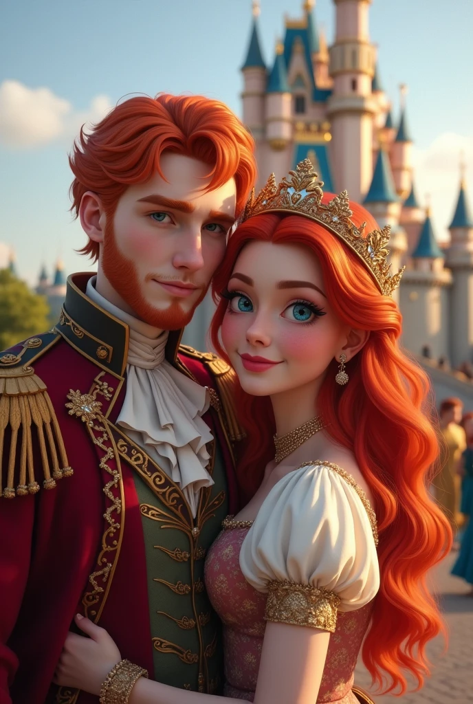 Redhead woman with her redhead boyfriend from the front ,with princess and prince clothes,big shiny castle background