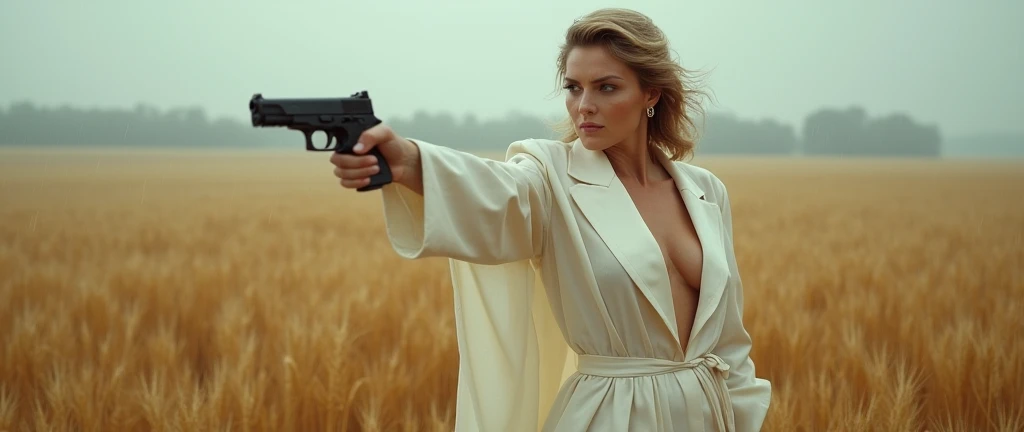 Naked woman in white coat, middle-aged woman, beautiful woman, open body, light autumn rain, full body portrait, staying in a wheat field, pistol with silencer in right hand, pistol with silencer, profile shot from the right side, beautiful nipples, wind blows, distant shot