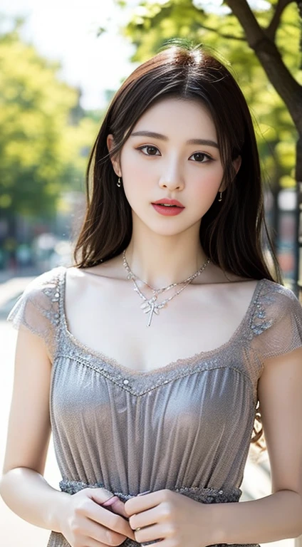 The image is a black and white text that appears to be a description of a necklace. The text is written in a cursive style and is accompanied by a picture of a necklace. The necklace is described as having a "sweetheart" shape, and the text goes on to describe the various details of the necklace, including the lace and the tulle-like fabric. The text also describes the person wearing the necklace, stating that they are also wearing a "delicate" necklace with a "symmetrical" design. The text concludes by suggesting that the background of the image is outdoors, with bare trees.