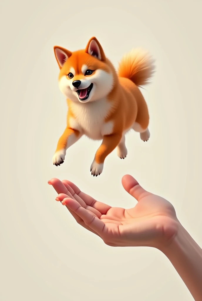 Shiba Inu jumping from the palm of your hand to the ground