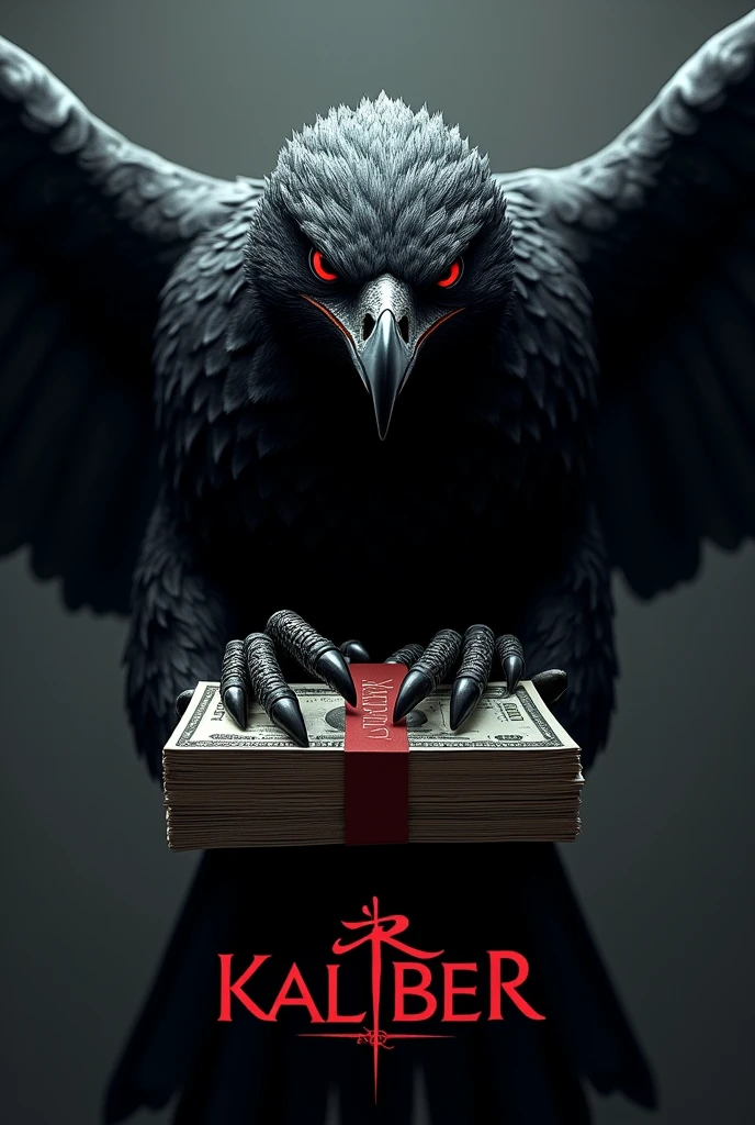 All black red eyed hawk with stack of money with the word kaliber below it