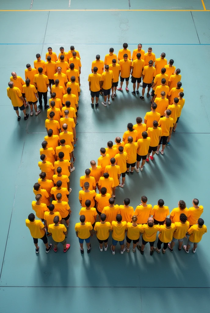 photo of people seen from an angle almost from above dressed in yellow forming the number twelve, court floor vestidas de camisa amarela