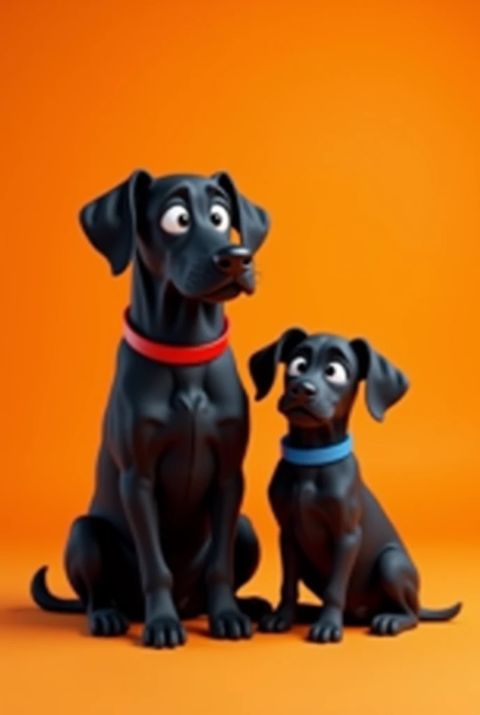 Generates an animated image of two black dogs, one large with a red collar and the other medium with a blue collar, on an orange background. Both sitting and with short hair