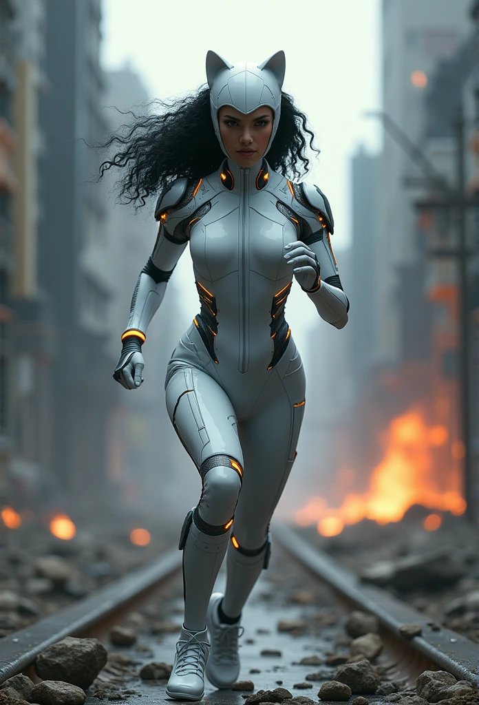 ((Best Quality)), ((Masterpiece)), ((Realistic)), (Detailed), (fotorrealist:1.5), Catwoman futuristic running, black curly hair (White suit), lights on armor, Cyber hats, looking at viewer, dynamic pose, post-apocalyptic, ruined city background, burning buildings, Sci-fi, HDR, ray tracing, NVIDIA RTX, Super Resolution, Unreal 5, Subsoil Scatter,