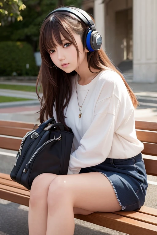 A close-up of a person sitting on a bench with headphones on., an anime drawing inspired by Ayami Kojima, trend on pixiv, Realism, beautiful anime girl, attractive anime girl, realist anime artstyle, realistic young anime girl, estilo de Realismo anime, anime girl in real life, realist anime art style, anime girl, realist anime, Beautiful anime style