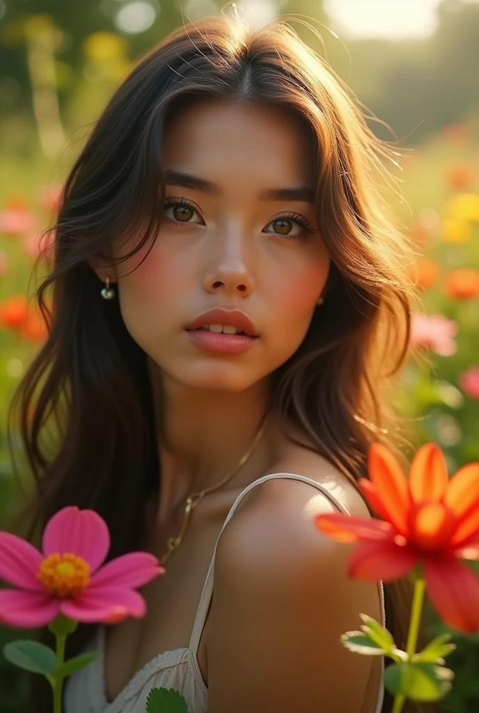 A beautiful young woman with long flowing hair, sitting in a lush, verdant garden surrounded by vibrant flowers. Her eyes are captivating, her skin is flawless, and her expression is serene and contemplative. The scene is bathed in warm, golden sunlight, creating a sense of tranquility and beauty.

1girl, beautiful young woman, long flowing hair, lush verdant garden, vibrant flowers, captivating eyes, flawless skin, serene expression, warm golden sunlight, tranquil, beautiful, (best quality,4k,8k,highres,masterpiece:1.2),ultra-detailed,(realistic,photorealistic,photo-realistic:1.37), extremely detailed eyes and face, longeyelashes, goddess-like, cinematic lighting, photorealistic portrait