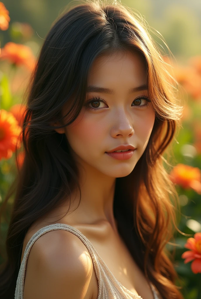 A beautiful young woman with long flowing hair, sitting in a lush, verdant garden surrounded by vibrant flowers. Her eyes are captivating, her skin is flawless, and her expression is serene and contemplative. The scene is bathed in warm, golden sunlight, creating a sense of tranquility and beauty.

1girl, beautiful young woman, long flowing hair, lush verdant garden, vibrant flowers, captivating eyes, flawless skin, serene expression, warm golden sunlight, tranquil, beautiful, (best quality,4k,8k,highres,masterpiece:1.2),ultra-detailed,(realistic,photorealistic,photo-realistic:1.37), extremely detailed eyes and face, longeyelashes, goddess-like, cinematic lighting, photorealistic portrait