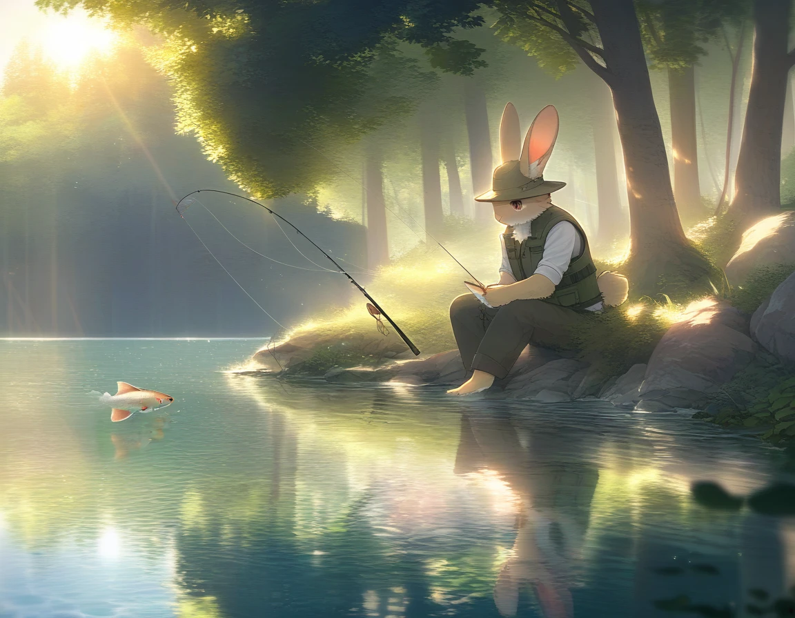 ((Masterpiece)), ((Best Quality)), (Very Detailed), ((Very Detailed)), 4K, (8K), very aesthetic, absurdres highres, 1 man, (anthropomorphic Rabbit, furry, kemono:1.5), A scene where a fisherman is holding a fishing rod and catching a fish on the shore of a lake where the warm light of the setting sun shines through. The angler is wearing a fishing hat, fishing vest, long sleeve shirt and pants. The fishing rod has a detailed depiction of the reel, fishing line, and hook. The fish I caught was a trout, and its scales reflected the light and sparkled. A lush green forest spreads out in the background, and the water is clear and flowing quietly.