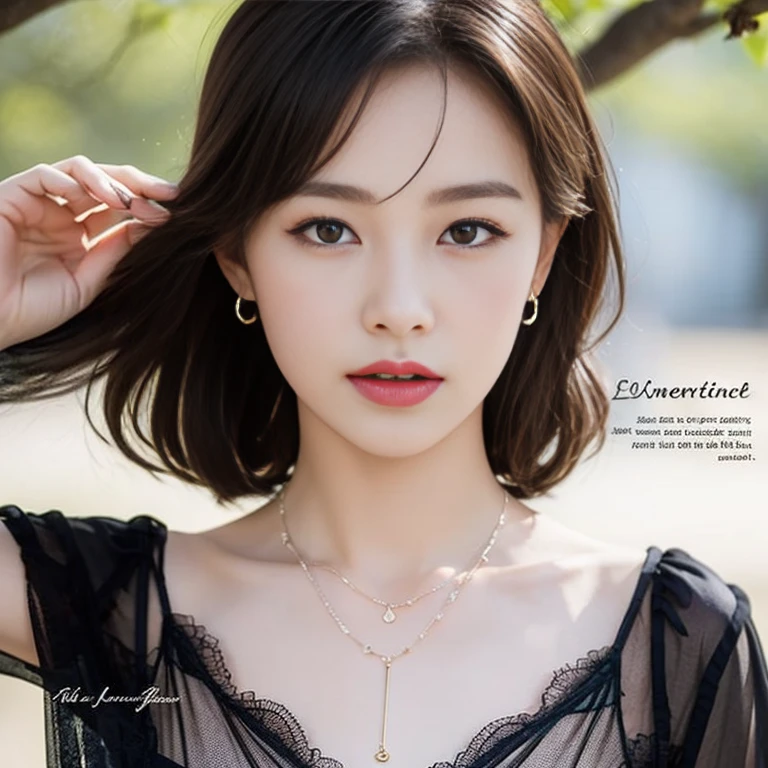 The image is a black and white text that appears to be a description of a necklace. The text is written in a cursive style and is accompanied by a picture of a necklace. The necklace is described as having a "sweetheart" shape, and the text goes on to describe the various details of the necklace, including the lace and the tulle-like fabric. The text also describes the person wearing the necklace, stating that they are also wearing a "delicate" necklace with a "symmetrical" design. The text concludes by suggesting that the background of the image is outdoors, with bare trees.