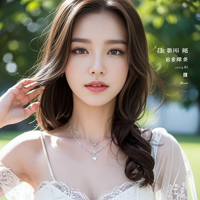 The image is a black and white text that appears to be a description of a necklace. The text is written in a cursive style and is accompanied by a picture of a necklace. The necklace is described as having a "sweetheart" shape, and the text goes on to describe the various details of the necklace, including the lace and the tulle-like fabric. The text also describes the person wearing the necklace, stating that they are also wearing a "delicate" necklace with a "symmetrical" design. The text concludes by suggesting that the background of the image is outdoors, with bare trees.