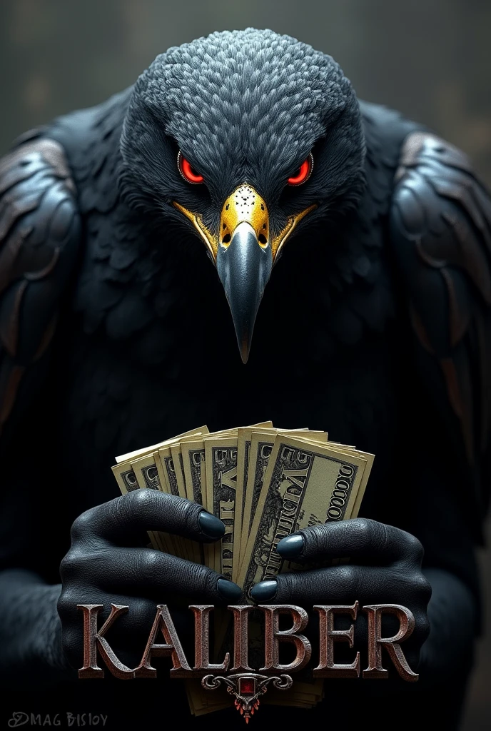 All black red eyed hawk with stack of money with the word kaliber below it