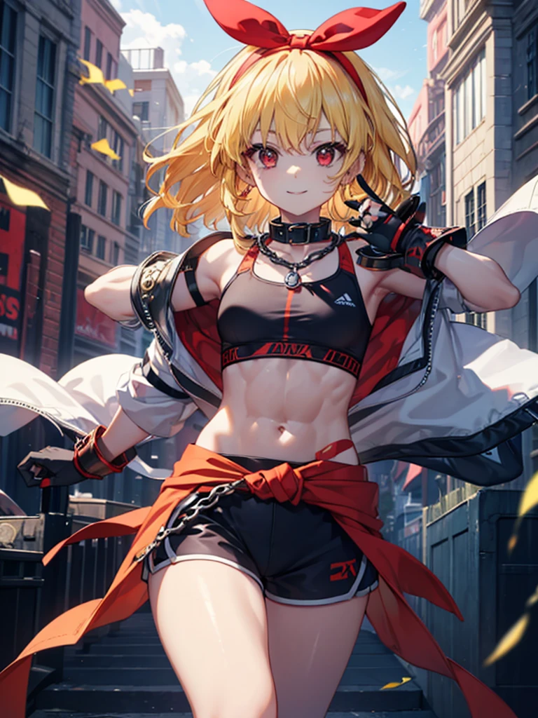 (RED Ribbon on HAIRband:1.2),A boyish female warrior with short yellow-white messy hair, wearing metal gauntlets, in a fighting stance, smiling, revealing clothing, small breasts, toned muscles, and a slender build Electricity is emitted from both hands, sports bra type armor, armor from the waist to the knees, supple legs, black bangles on the upper arms, and a collar with a chain