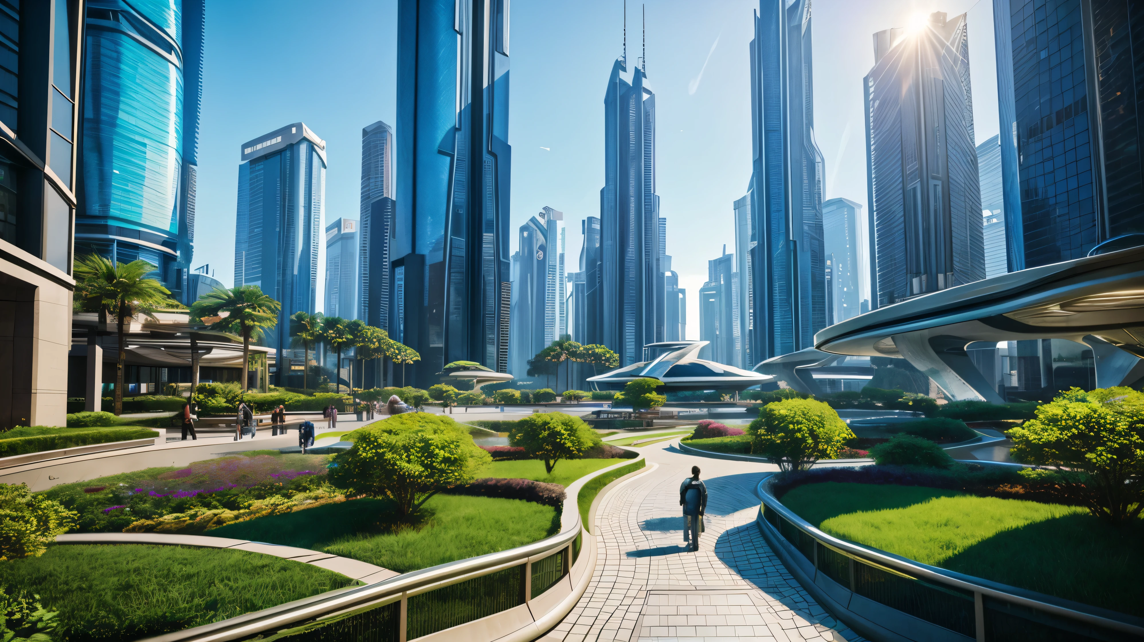 scifi, beautyful futuristic park, architectual, organic skyscraper, cyberpunk, futuristic, lake, people, hightech, hard-surface design, daylight, much tech, much electronic, very cozy, ambient light, realistic view, wide angle, year 2224