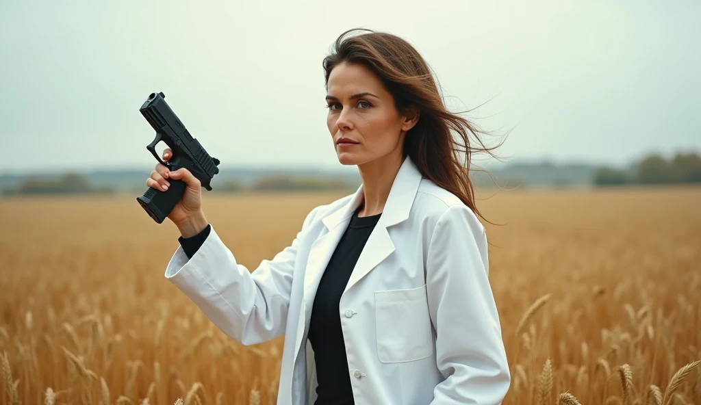 Naked woman in white coat, middle-aged woman, beautiful woman, open body, light autumn rain, full body portrait, staying in a wheat field, pistol with silencer in right hand, pistol with silencer, gun in right hand, profile shot from the right side, beautiful nipples, wind blows, distant shot