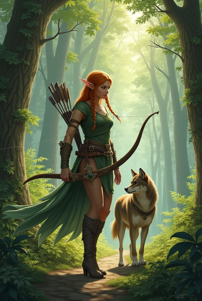 Fantasy: female elf, with bow, in a forest, braided ginger hair, blind on one eye, her wolf familiar beside her