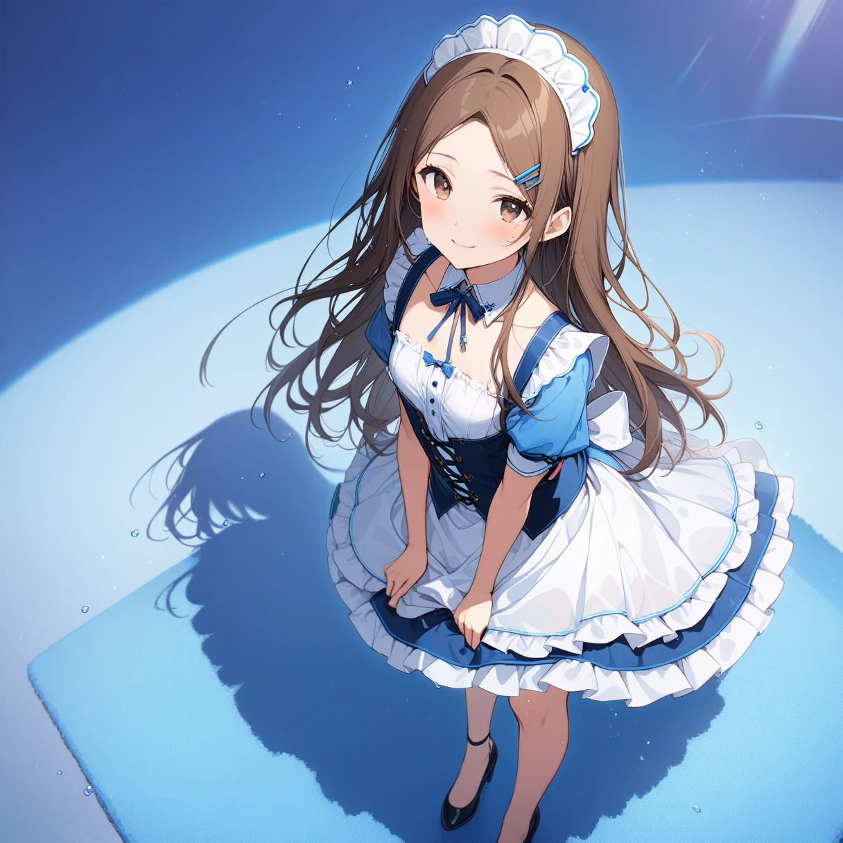 (masterpiece), (Highest quality), High resolution, (Very detailed), (Best illustrations), (Best Shadow), (so beautiful), (very cute), (Absurd), (Blue background), (Blue Room), (Blue carpet), Round face shape
(Highly detailed face), Perfect limbs, Intricate details顔, 

（Minase Iori）,  girl, 
Dark brown hair, Long Hair, amount, Hair Clip, Brown eyes, ribbonが付いてるのヘアバンド, 
Beautiful breasts, Small breasts, Shyness, smile, Pitiful, Her behavior is very quiet., 
 
Perfect limbs, Perfect Anatomy, Thin legs, Intricate details, Five perfect fingers, One person, so beautiful少女, very cute少女,Big eyes, slender, Tight waist, 

Beautiful Skin, Wet, sexy,Charm, whole body, 
(One person、solo:1.3), Full Shot, panoramic, 

Erotic, , 
French maid outfit, Short skirt, ribbon, 
Underwear with pink stripes, White frilly underwear, 小さいribbonが付いてる下着,

Beautiful legs standing with slightly open legs, Front view, slightly above, 