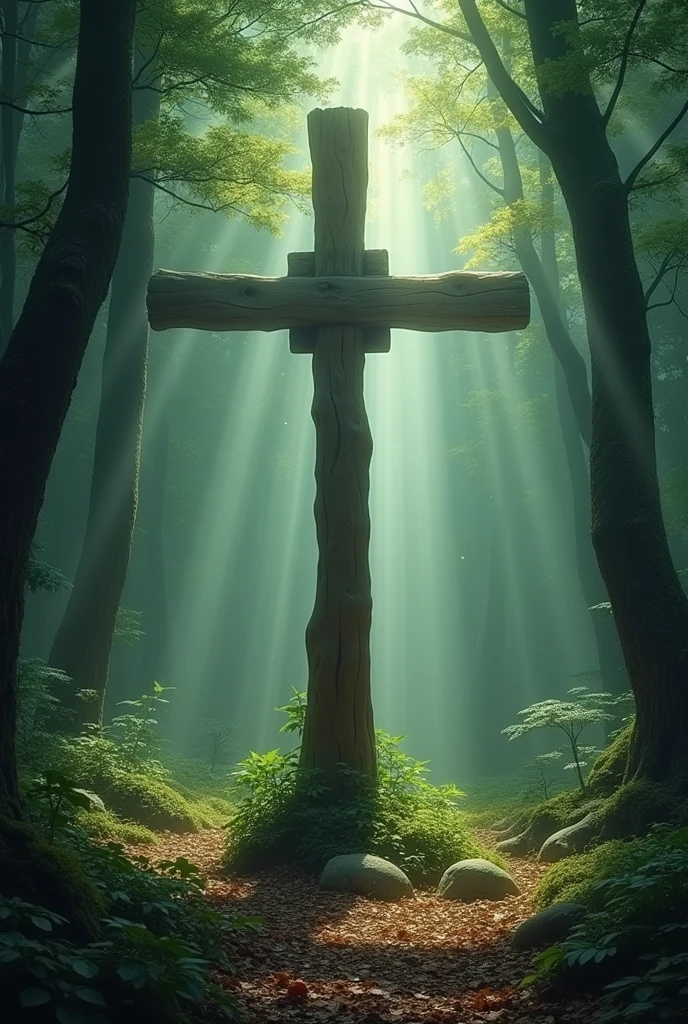 there is a cross in the middle of a forest with a lot of leaves, religious, cross, by Eglon van der Neer, magical forest backround, by Eugeniusz Zak, cross composition, by Ludwik Konarzewski Jr, forest ray light, beautiful and mysterious, background artwork, scary magical background, highly rendered
