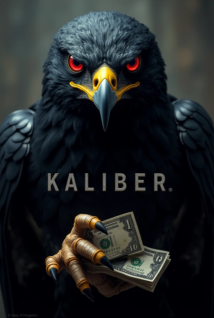 All black red eyed hawk with stack of money with the word kaliber below it