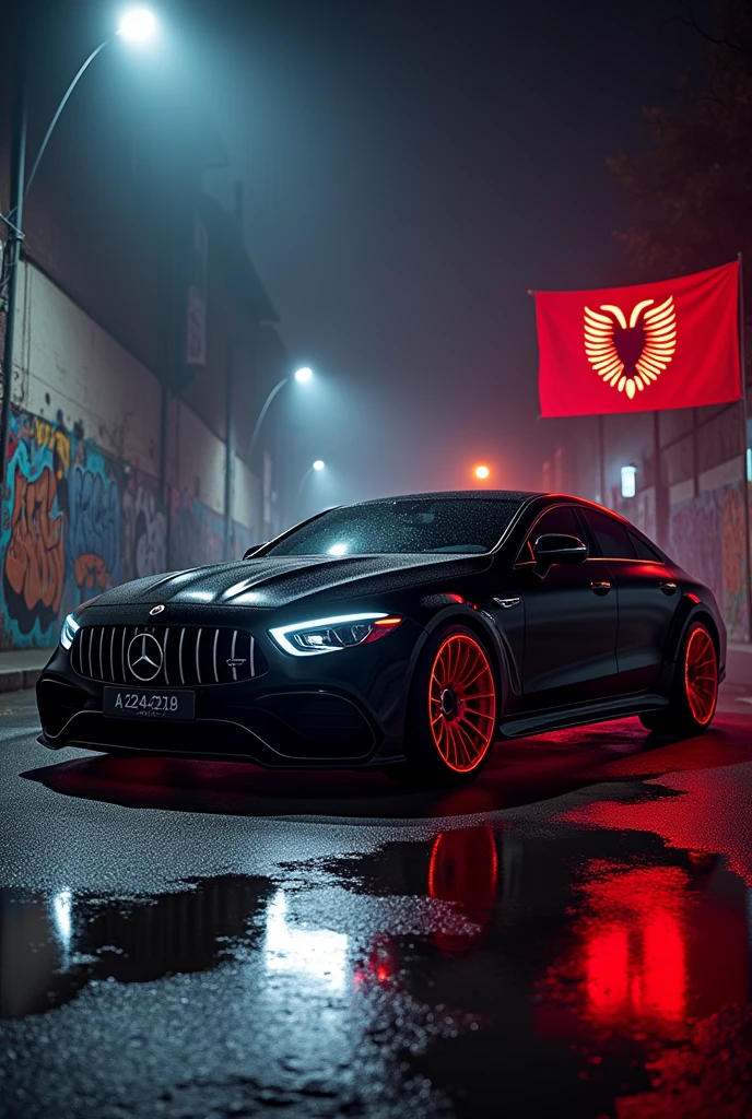 can u make an all black mercedes amg cls in the night with dark windows in the tirana city albania with body kit red neon under the car wheels smoking and the vehicle is in albania and add wet street and graffiti walls with albania write it on and show mw the front car which is toward to the left and the flag of albani whici is an red layout witha black eagle with 2 heads show me the car from left and remove the leds or neon on the car logo