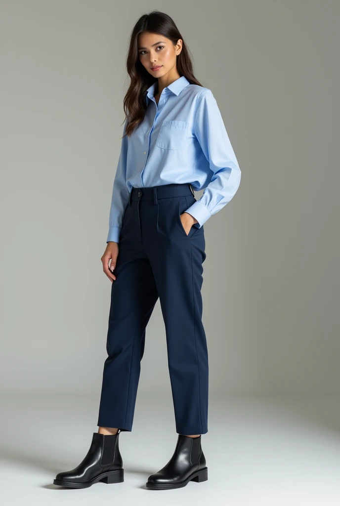 Create a realistic image of a luxury brand model wearing a baby blue dress shirt, navy blue chino pants and black Chelsea boots