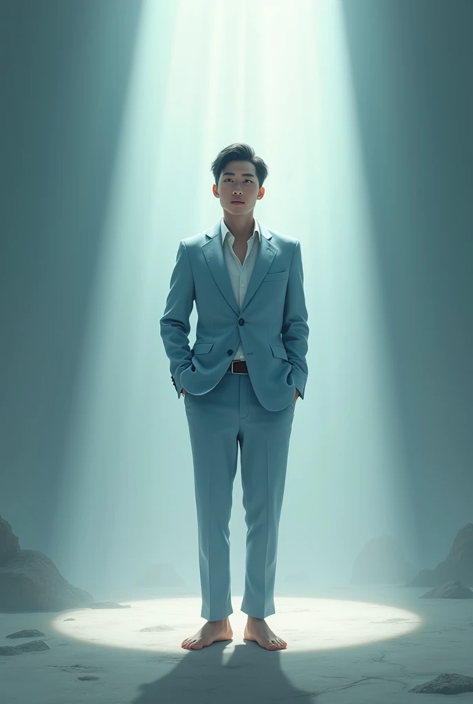 a white man with short black hair. barefoot. stopped. Wearing a light blue suit. In a spiritual environment , with a ray of light. Arms with some movement. standing. slight smile