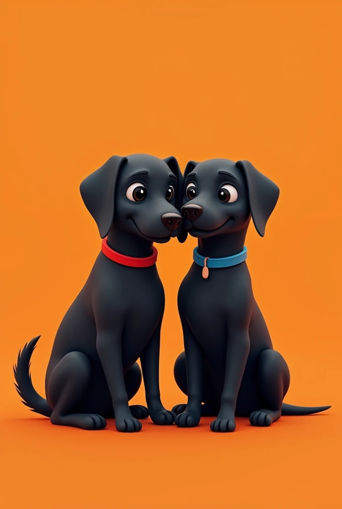 Generates an animated image of two black dogs, one with a red collar and the other with a blue collar, on an orange background. Both sitting and with short hair, that they look tender