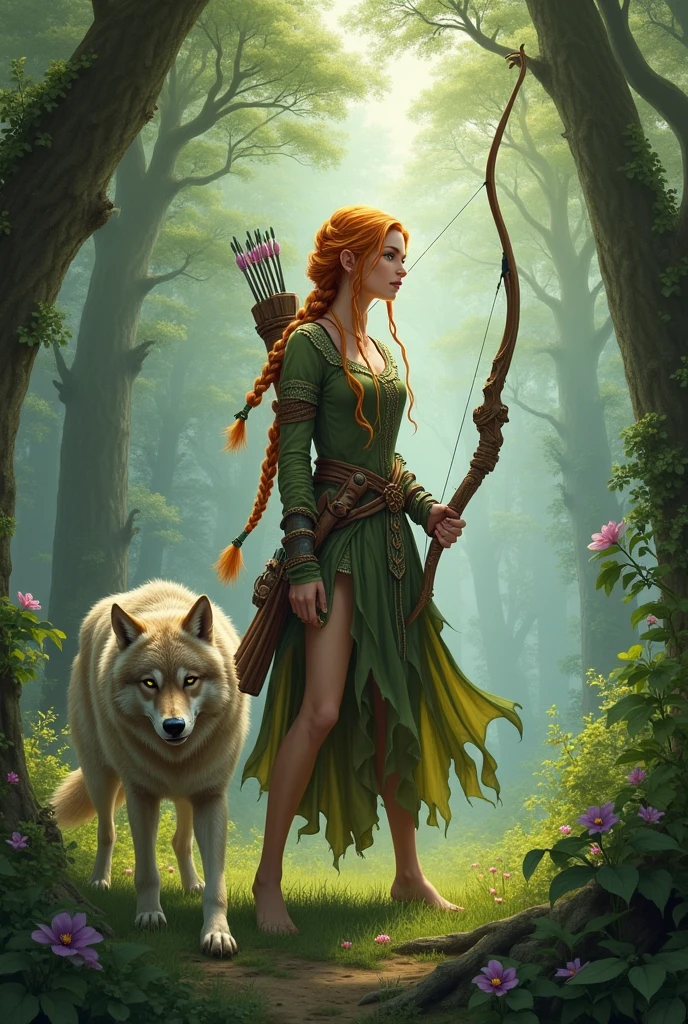 Fantasy: female elf, with bow, in a forest, braided ginger hair, blind on one eye, her wolf familiar beside her