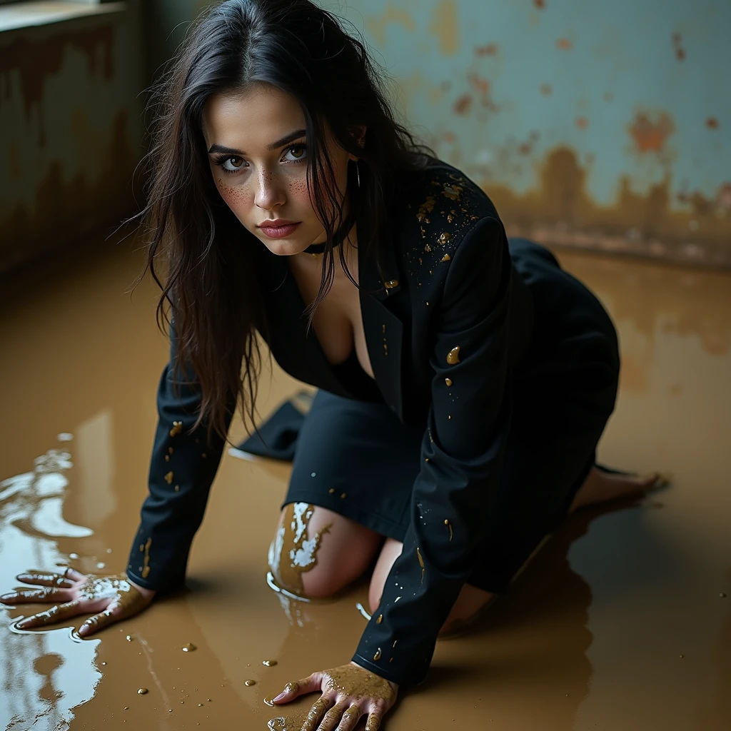 A super realistic photo of one slender business lady, model-like appearance with long hair. She is dressed in a long and black and ripped business pencil skirt made from cotton fabric, black and muddy and torn business jacket made from cotton and wool fabric. black business vest, white muddy shirt, stockings, black choker on the neck. She located in very muddy and very flooded office. She sitting in flirtatious and modest pose, deep in the water and liquid mud, dips her head in the liquid mud and ripped her clothes, smear a lot of liquid mud on own clothes and torn it by hand. She keep chunks of her torn clothes in hands crumpled and muddy. All her clothes is muddy, torn, ripped and sloppy, her black business pencil skirt and jacket are very stained in a liquid mud and dirt. She look like have played in mud in a large swamp with brown liquid mud, her clothes covered with liquid mud from head to toe. The studio light brilliantly illuminates all her clothes in details, casting small shadows and emphasizing the texture of the mud on her clothes. Please focus on stains of liquid mud on her clothes. View angle of the camera from top and left from the business lady.
