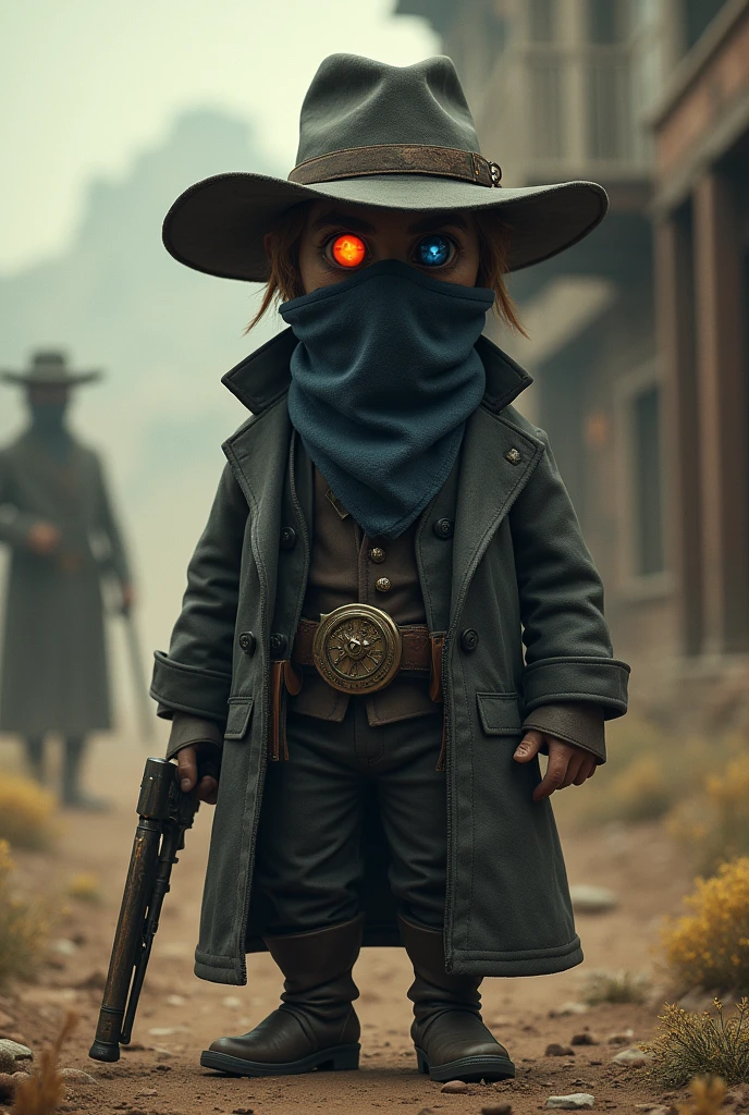 a detective who lives in the Wild West but has now allied himself with crime to pursue his dream. He appears to be 3 and has a cloth or mask covering his face. He is 1.88 tall, and there's a blue eye and a red eye