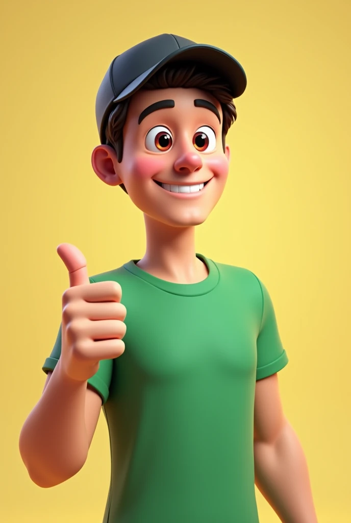 Create a 3D drawing, of a young man wearing a green shirt, with black cap, and giving a thumbs up
