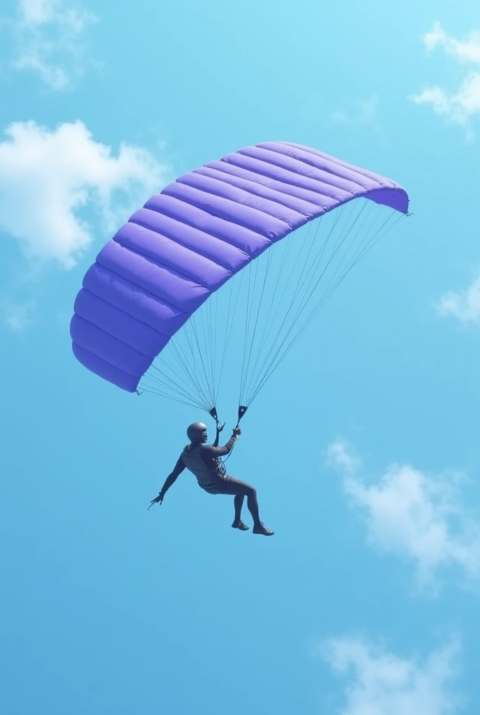 A skydiver with an open canopy in purple, with emphasis on the parachute canopy being filmed from above 