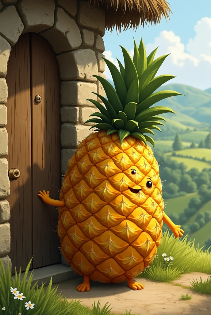 Pineapple knocking on the door of a small house in the countryside