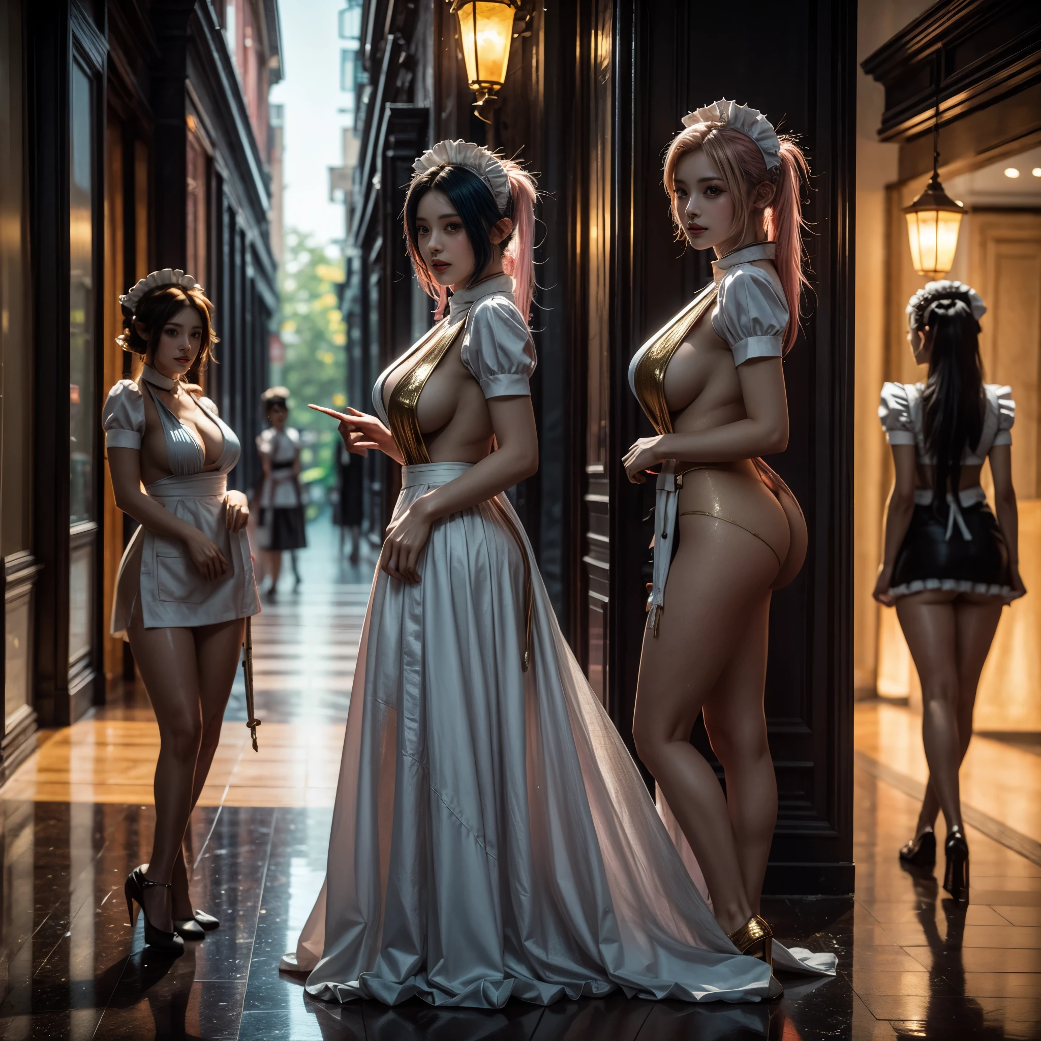 (Full Body of Extremely Detailed((Sexy Maid Group in a row:1.37))), KAWAII perfect face, Reflective Eyes, Detailed(Delicate Clothing textures), Correct Leg Line, Dynamic Joyful Expressions LifeLike Rendering, Specular Reflection, TopQuality 8K Ultra-detailed masterpiece (ProfessionalPhoto:1.37), (Acutance:0.8), (Luminism:1.28), Renaissance art style, Colorful Light particles, ((Full body from side)), {MicroMini Skirt|Kissing|Thigh Gap|AssFocus|(NakedApron with (Overflowing Sideboob))|[Gold NippleSticker]}, Radiant Fine Skin with Transparency, (Exposed:0.41), (Different types of Anime hair color){Pink Hair|LightBlue Hair|Platinum Blonde|Pure White Hair|Liquid Hair}, Perfect Lighting 