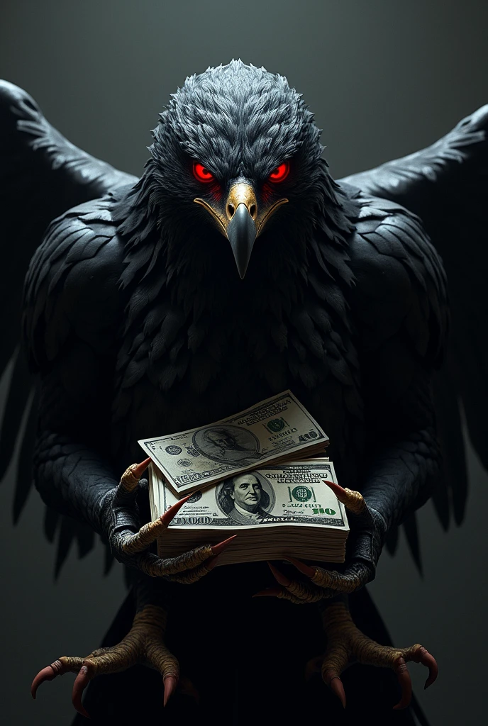 All black red eyed hawk with stack of money with the word kaliber below it