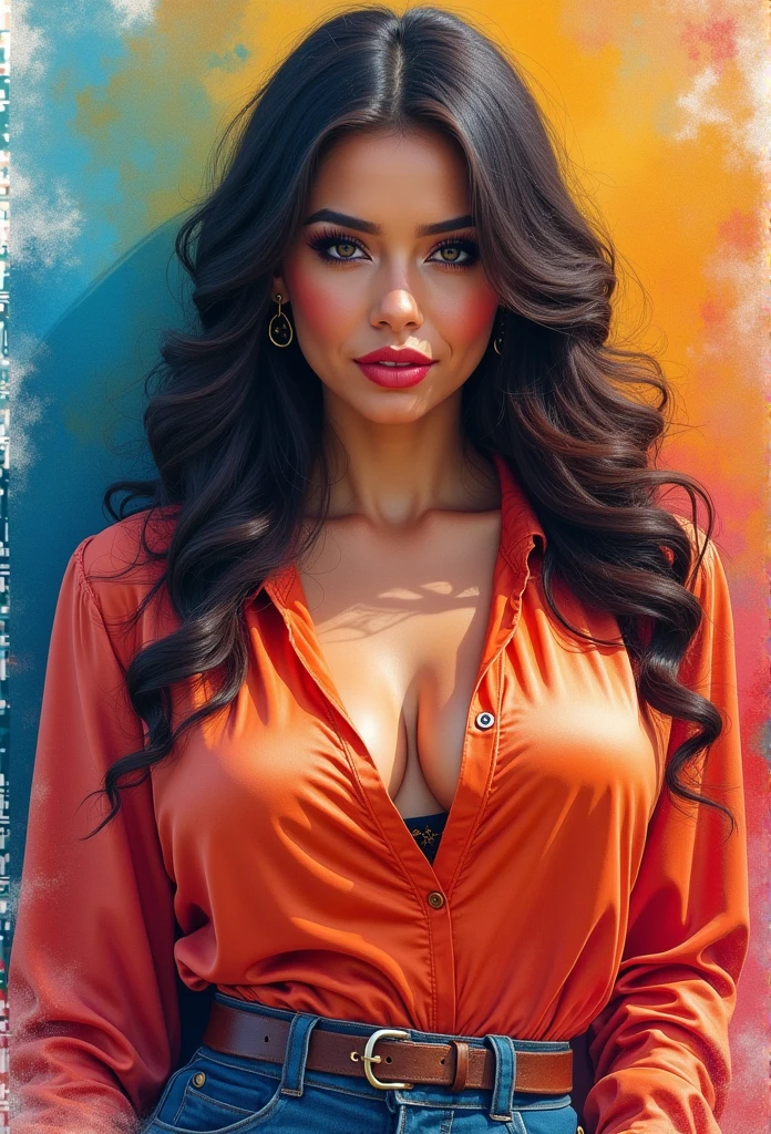 a water color painting of a Mexican woman, plump and curvy body, with a silk shirt and a colorful background, gorgeous digital painting, beautiful character painting, elegant digital painting, fully clothed. painting of sexy, hd digital painting, beautiful digital painting, detailed painting 4 k, stunning digital painting, gorgeous woman, realistic female portrait, beautiful digital artwork, Mexican woman with black hair