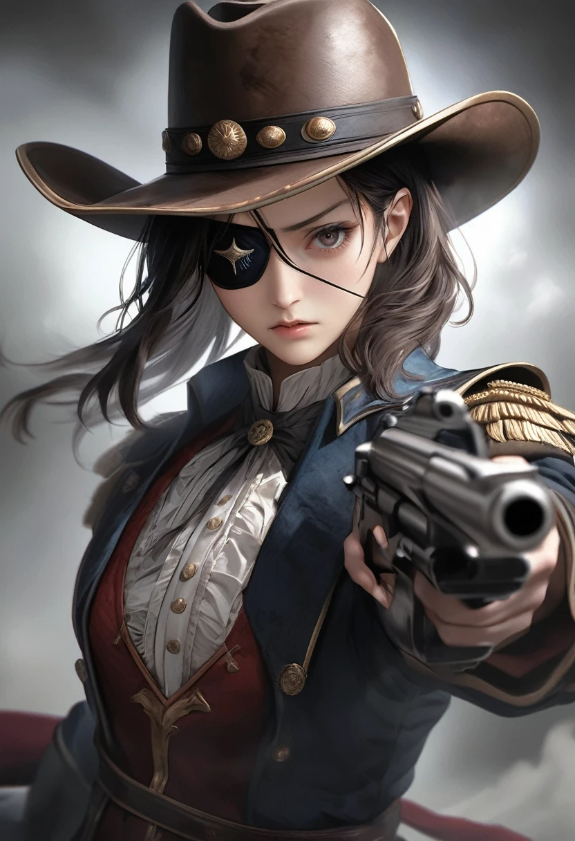 (Eye patch, transparency:0.8, Only one eye),
Detailed and matte texture, Dark brown leather:1.4 Advanced, Absurd Aesthetic,
BREAK Eye patchからはみ出した深い傷跡, Evidence of the fierce battles fought,
BREAK Transparent Full color, Strong and fleeting eyes, Glaring at the audience, pure, concentrated, brave, Calm, Sadness, Aesthetic,
BREAK 不条理すぎるAesthetic,
BREAK Transparent Full color, Photo style, Realistic Photographic Images, Detailed and accurate limbs, Anatomically correct, Realistic full body balance,
BREAK Musketeer, Cowboy hat, Dignified, Calm, Legend,
BREAK Turn your gaze to the viewer, Silence, silence, Calm before the storm,
BREAK: Shots fired at viewers, Attack with a gun, Colt Python 357 Magnum, Smoke rising from the muzzle,
BREAK Powerful shooting stance, Dynamic and bold composition,
BREAK Ultra-realism, Detailed and realistic skin texture, Detailed and intricate texture, Detailed and intricate brushwork, Detailed and clear depiction, Anatomically correct, Absurd Aesthetic,
BREAK History oozing out, dramatic cinematographic lighting,
BREAK Glaring at the audience, Sharp Eyes, (eye level shot),
BREAK Re-drawing into a clear and vivid work, highest quality render, Highest quality, Highest Resolution,
BREAK Transparent Full color, Photo style, Realistic Photographic Images, Maximize the appeal of your facial expressions,