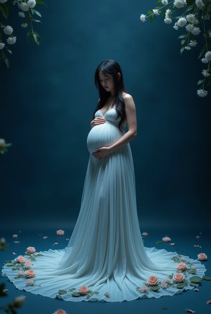 pragnant girl with long gown spred in floor and gown made with flower , dark blue background