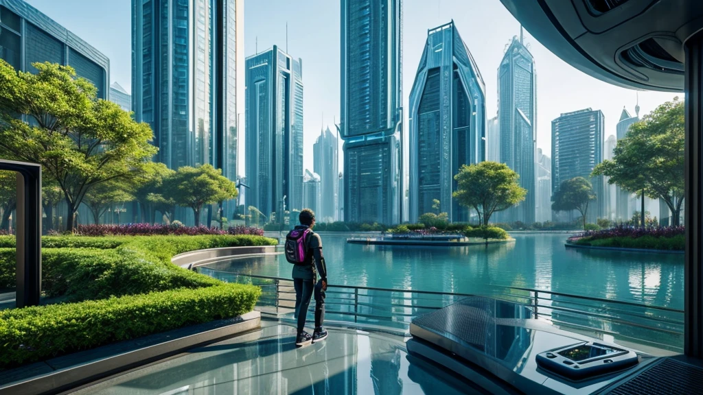 scifi, beautyful futuristic park, architectual, organic skyscraper, cyberpunk, futuristic, lake, people, hightech, hard-surface design, daylight, much tech, much electronic, very cozy, ambient light, realistic view, wide angle, year 2224