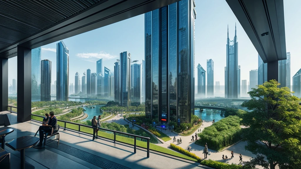 scifi, beautyful futuristic park, architectual, organic skyscraper, cyberpunk, futuristic, lake, people, hightech, hard-surface design, daylight, much tech, much electronic, very cozy, ambient light, realistic view, wide angle, year 2224