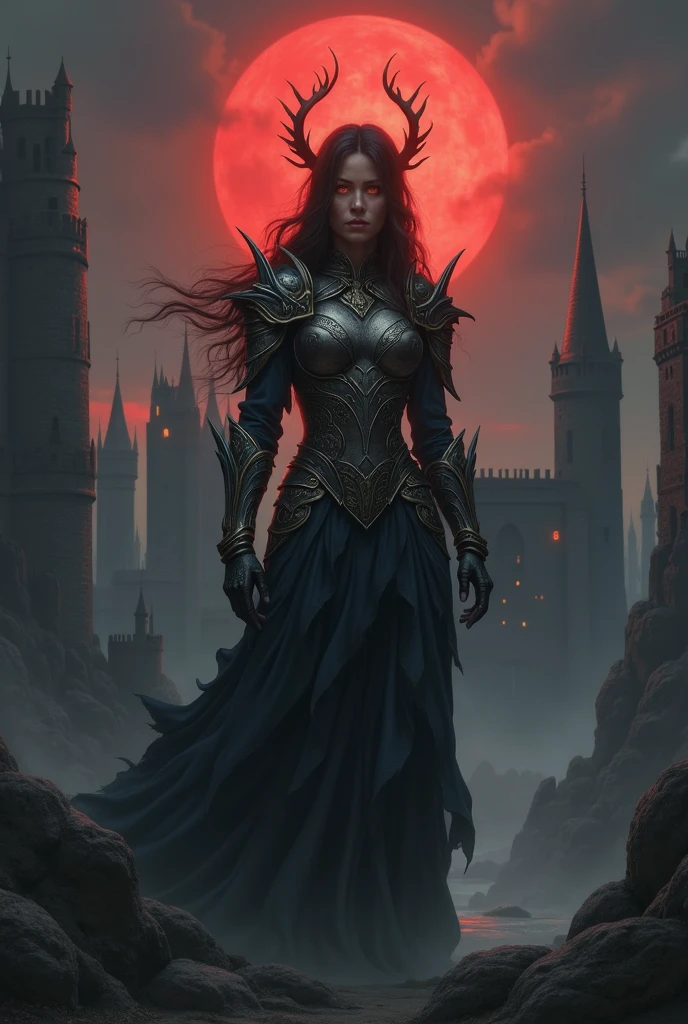 woman in armor standing in front of a castle, 4k fantasy art, dark fantasy style art, gothic fantasy art, fantasy woman, high quality fantasy art, fantasy paladin woman, hd fantasy art, artgerm julie bell beeple, epic fantasy art style hd, tyler edlin fantasy art, female vampire warrior, graphic artist magali villeneuve