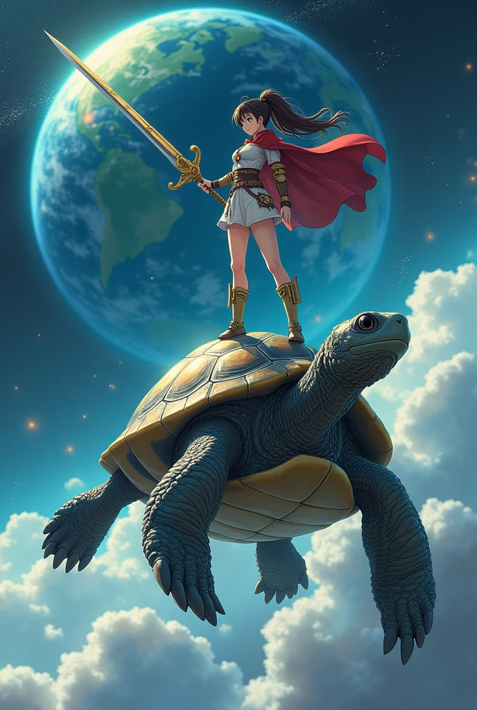 A turtle swimming in space with Earth Behind it with a anime Girl like champion that has a cape and a sword standing up on the turtles shell, with a heroic pose
