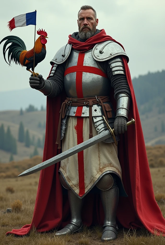 A medieval warrior from England is wearing armor with the flag of England. In one hand, he holds a rooster with the flag of France and in the other a sword