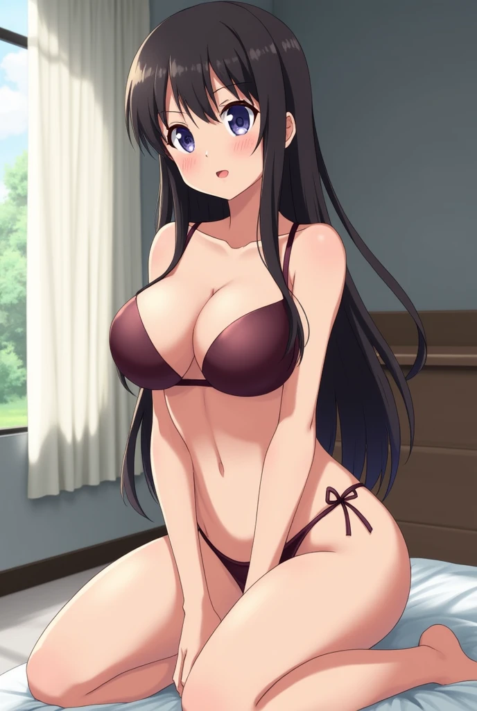 Big breasted and assed anime girl shows what's in her panties and bra