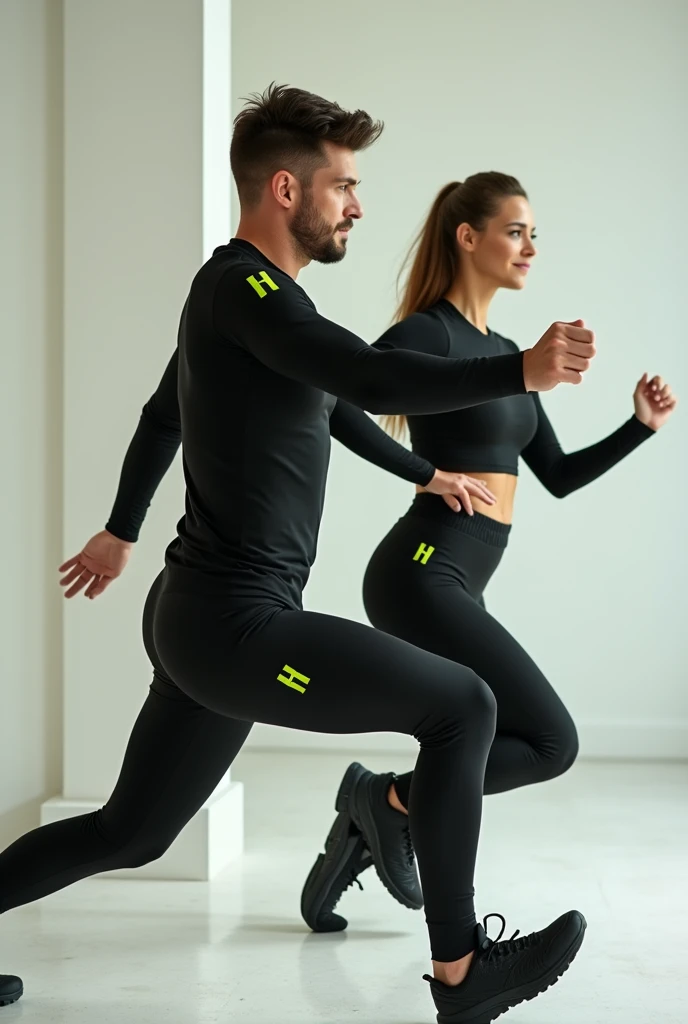 Image of man and woman exercising in black long sleeve sportswear with lime green H logo