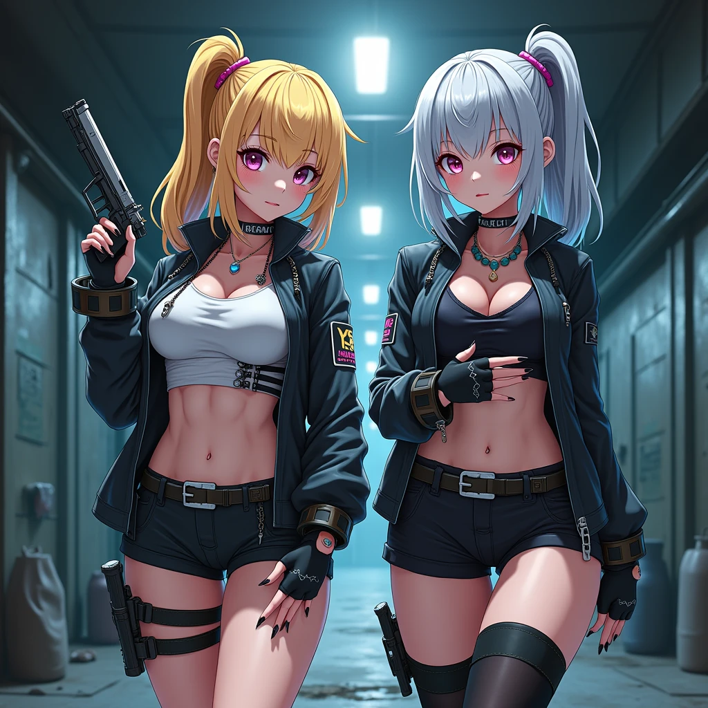 masutepiece,in 8K,High quality,Fine detail,super precision,twinsies(Stand back to back),Big sword,large boob,bomber jacket,Short pants,vila(cyberpunked),dazzling neon light,mechanical full moon,