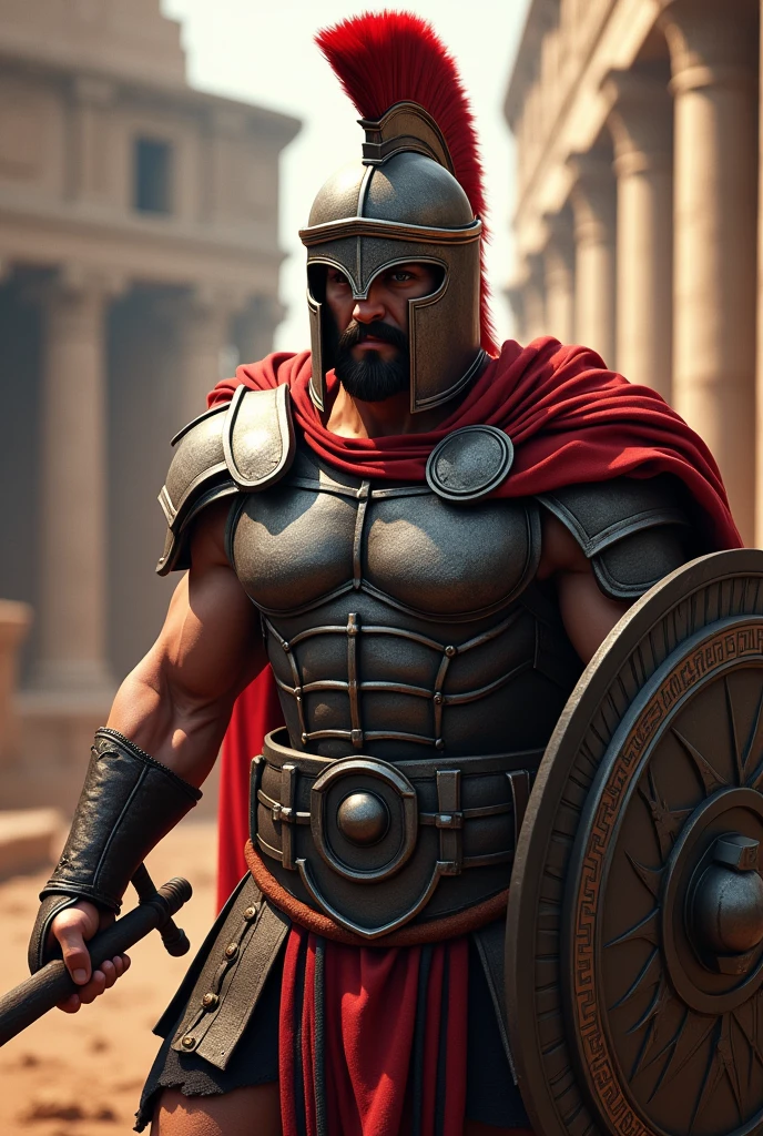 ((masterpiece, highest quality, Highest image quality, High resolution, Raw photo, 8K)), ((Extremely detailed CG unified 8k wallpaper)), (huge stunning warrior shot, full body, musclural body beauty:1.4), Posing for the camera, In a warrior fighting stance, a stern look, in a ready stance, Blood, sweat and mud, Build: Tall and muscular, showing signs of fatigue but still exuding strength and determination.
Facial Features: Sharp, aquiline nose with a few fresh cuts and bruises. His piercing brown eyes are intense, reflecting both exhaustion and unwavering resolve.
Hair: Short and dark, now slightly disheveled from the chaos of battle.
Scars and Mud: His face and exposed arms are smeared with mud and blood, with visible scars from recent and past battles, highlighting his experience and resilience.
Clothing: His bronze cuirass is dented and scratched, bearing the marks of combat. His red military cloak is torn and stained with dirt and blood, hanging loosely off his shoulder.
Signature Pose:
Stance: Standing firmly, slightly hunched from the weight of the battle, but still strong and unyielding.
Right Hand: Gripping the hilt of his sword, which is sheathed but still bloodied from the fight, symbolizing readiness and survival.
Left Hand: Raised slightly as if signaling to his troops to regroup, with a steady and determined gesture.
Expression: A grim, focused look, with his mouth set in a hard line. His eyes convey both the toll of battle and the unbreakable spirit of a seasoned warrior., photorealistic, 16k, 8k, 4K, award winning