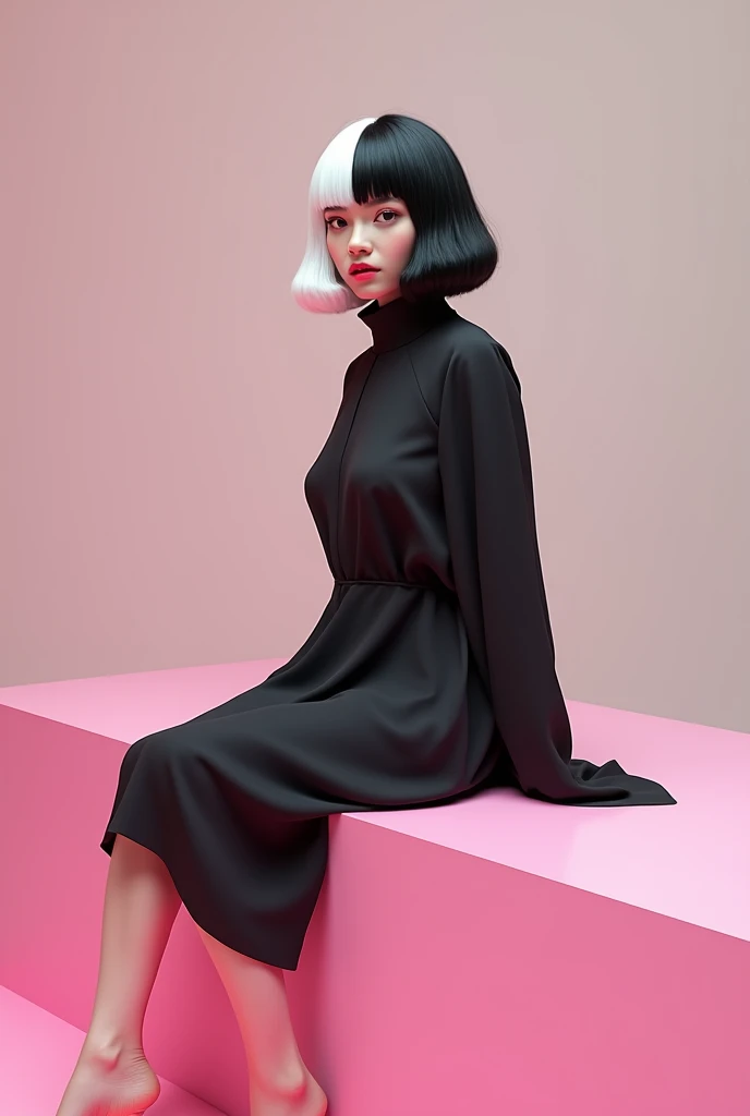 A woman with half white and half black hair wearing a dress over a pink table