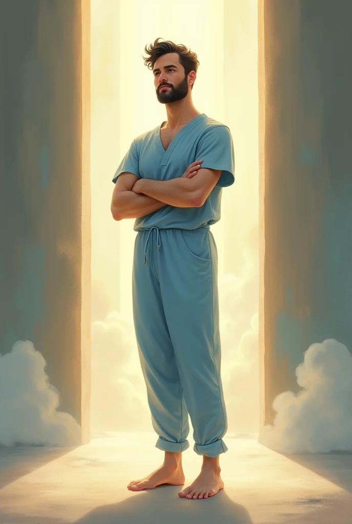 A white Caucasian man with short black hair. barefoot. stopped. Wearing a light blue nurse-style overall. In a spiritual environment , with a ray of light. Arms with some movement. standing. slight smile. Without beard