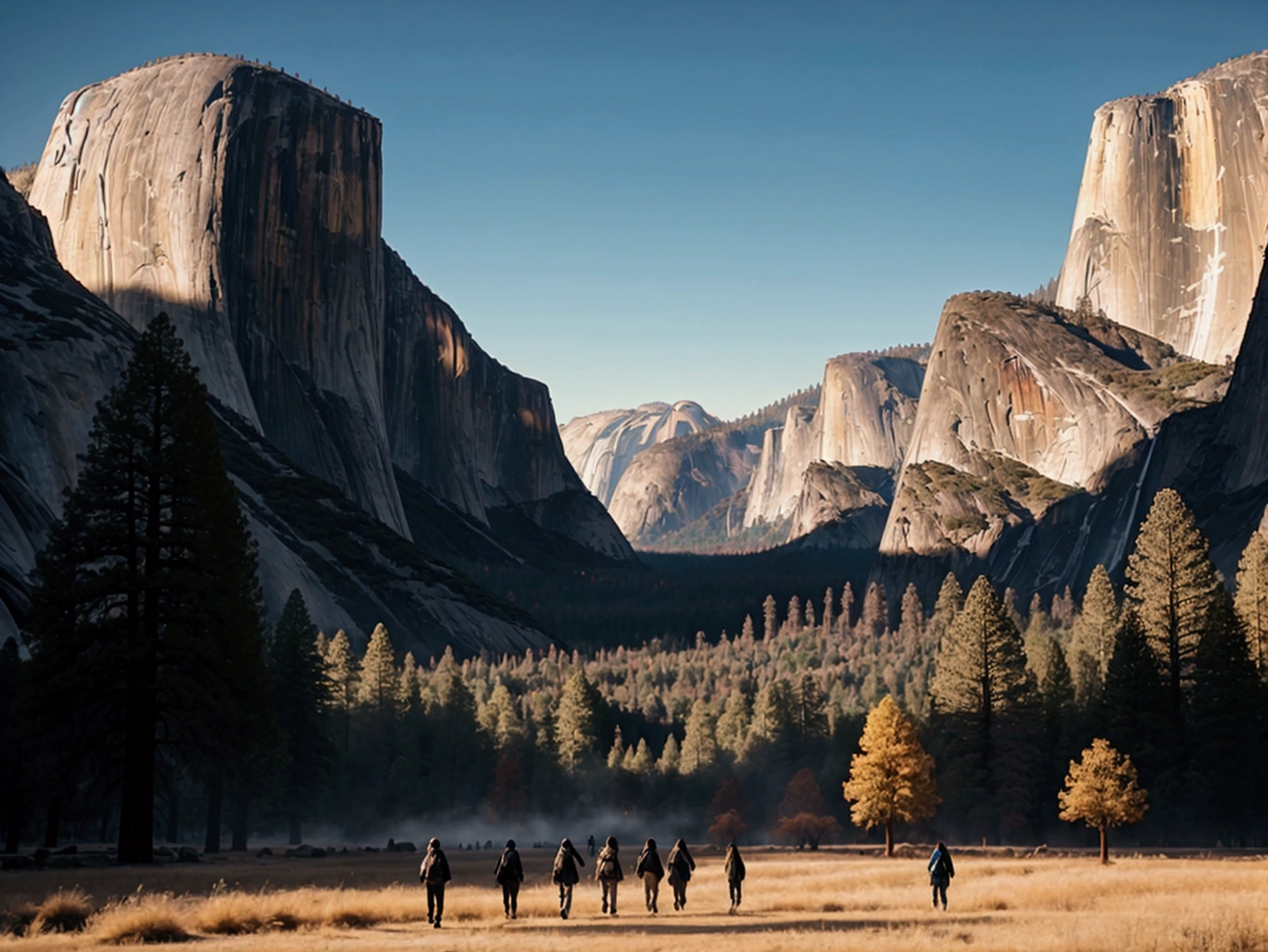 Yosemite National Park with multiple people walking, photorealistic, best quality, hyper detailed, outdoor, mountains, real life nature, ultra high resolution, best shadow, RAW, instagram LUT