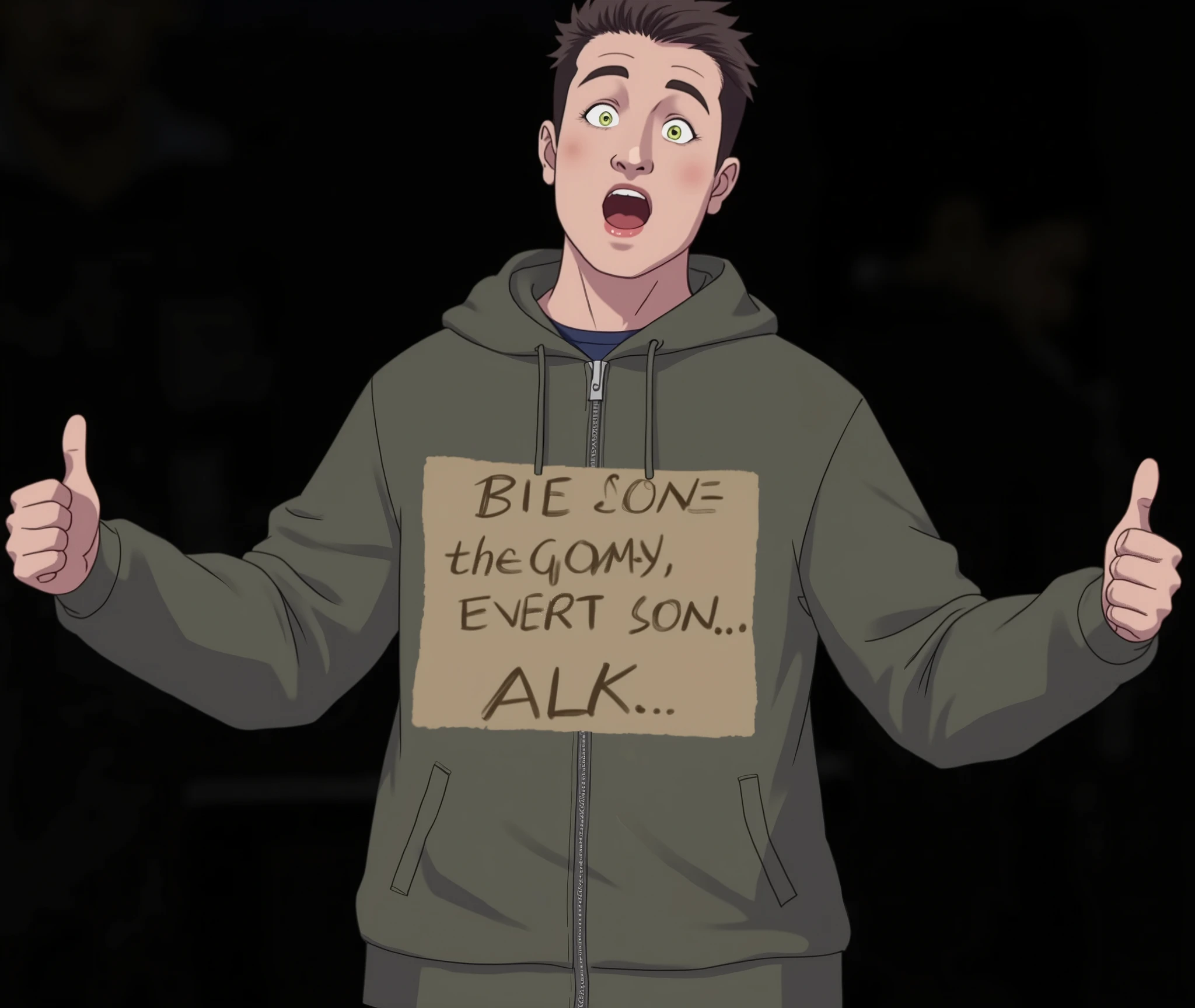 Person in the image is holding an eligible sign that says "I guess it's GG lads"